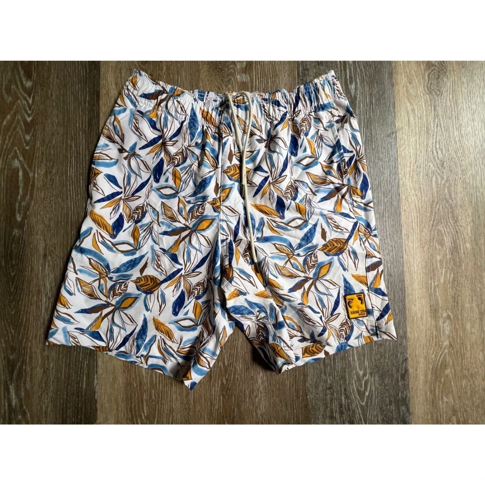Hang Ten Gold Swim Trunks Mens Medium White Tropical Leaf Print Excellent Shorts